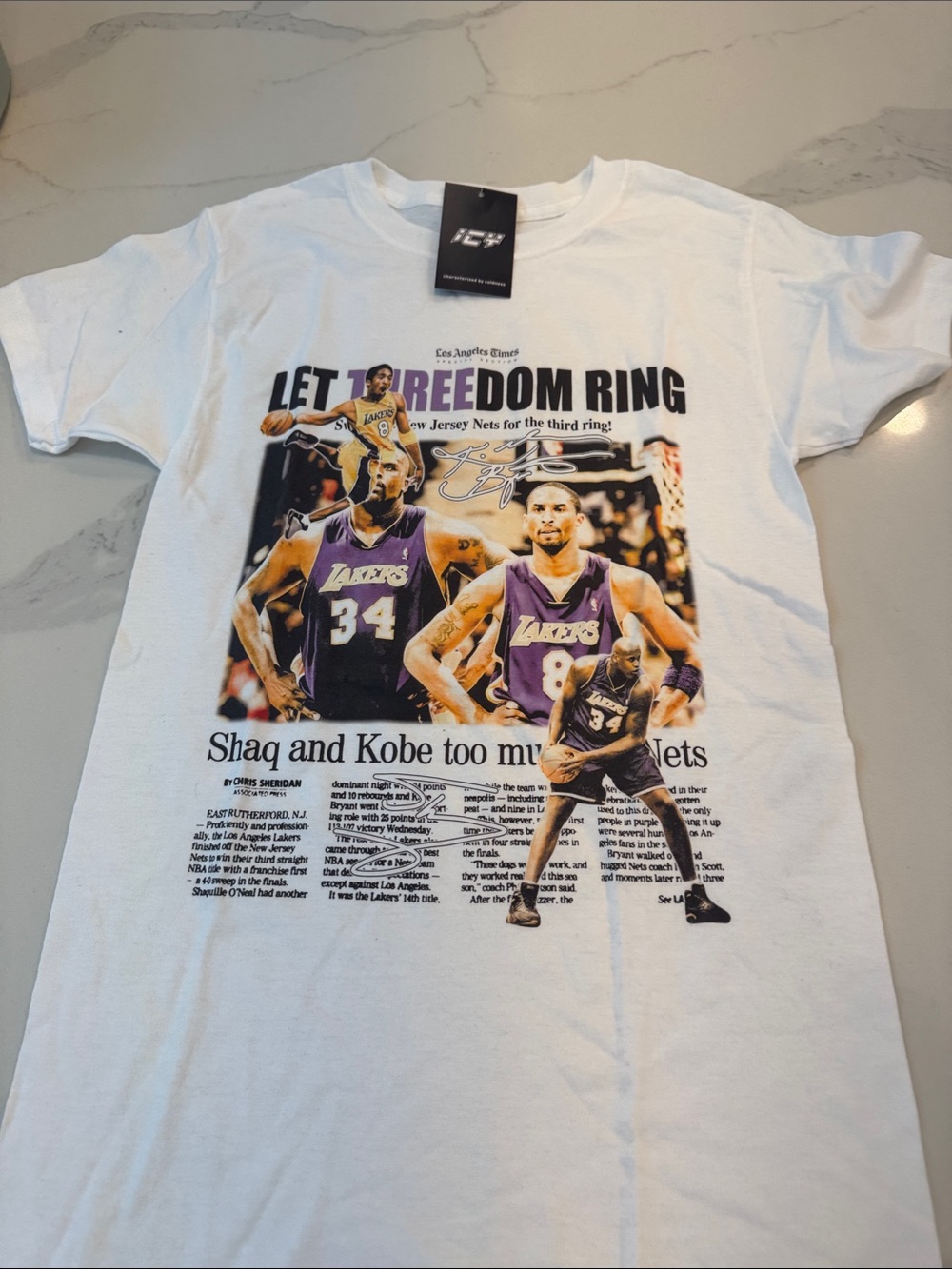 White Lakers Graphic Tee Featuring Iconic Shaq & Kobe Design BNWT